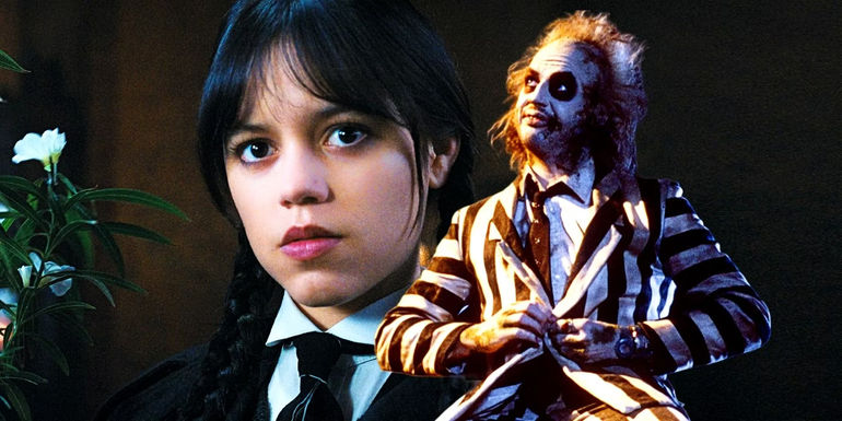Jenna Ortega as Wednesday Addams with Keaton as Beetlejuice