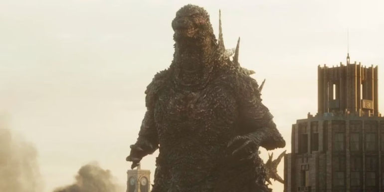 Godzilla standing above buildings in Godzilla Minus One