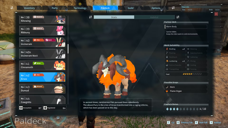 Arsox Paldeck entry in Palworld