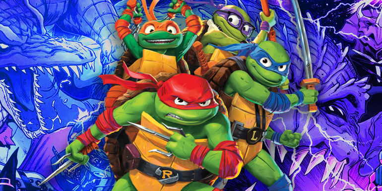 Teenage Mutant Ninja Turtles: Mutant Mayhem Leonardo, Raphael, Donatello, and Michelangelo surrounded by villains
