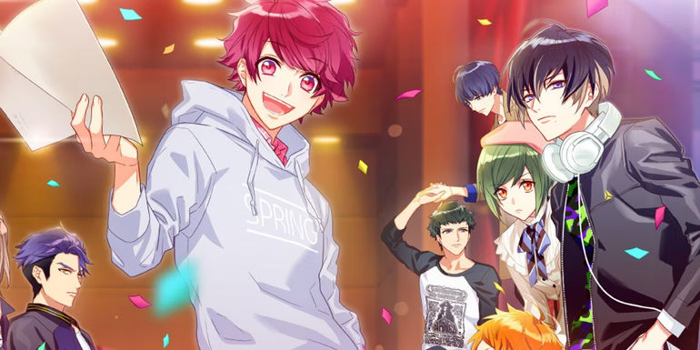 The main cast of A3's spring season hold a script