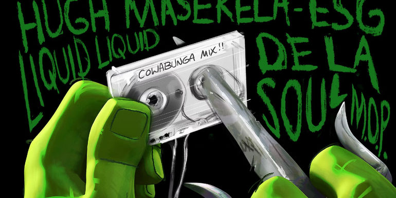 The hands of a Ninja Turtle using a dagger to wind up a cassette