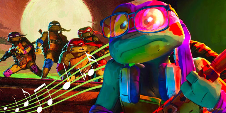 A collage of the Ninja Turtles in Mutant Mayhem with musical notes included