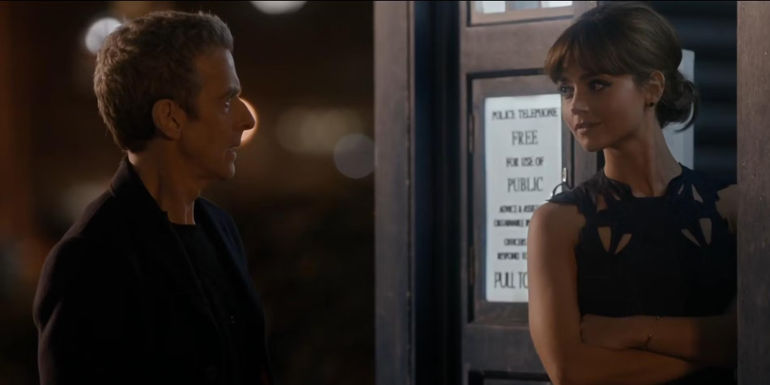 The Doctor and Clara Oswald talking in the doorway of the TARDIS in Doctor Who