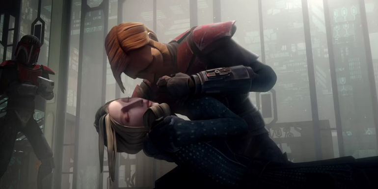 Obi-Wan holding Satine Kryze in The Clone Wars 