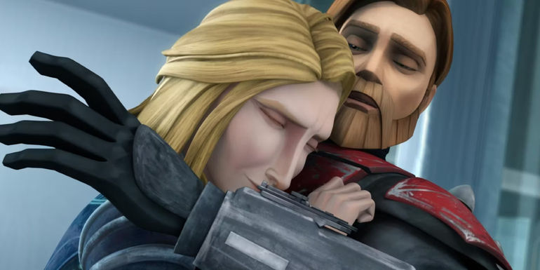 Obi-Wan Kenobi and Satine Kryze hugging in The Clone Wars