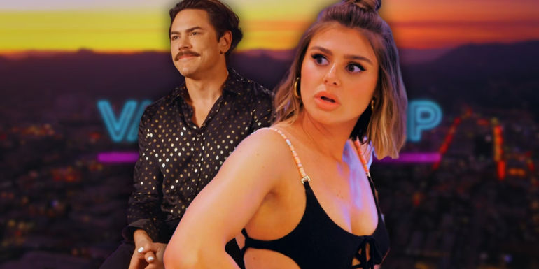 Raquel Leviss and Tom Sandoval from Vanderpump Rules in front of city view