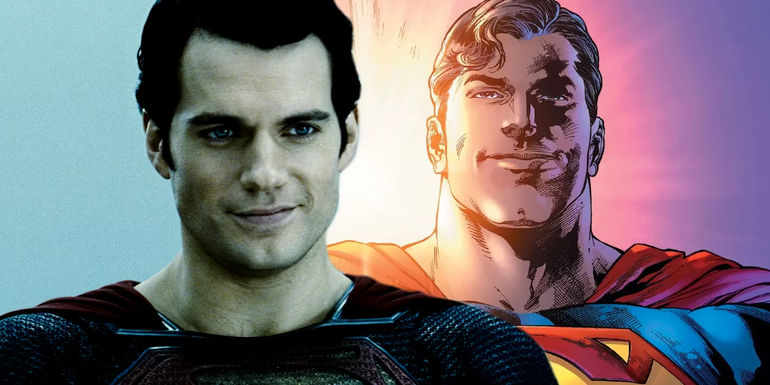 Split image of comic Superman and Henry Cavill Superman smiling