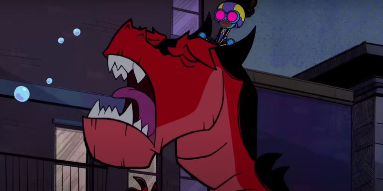 Devil Dinosaur expressing boredom while Moon Girl sits over his head
