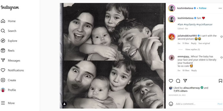Olga Koshimbetova 90 Day Fiance smiling with Steven and their two kids in a split black and white IG post