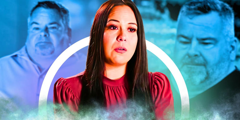 90 Day Fiancé Liz Woods wearing red dress with sad expression and Big Ed's photos behind her