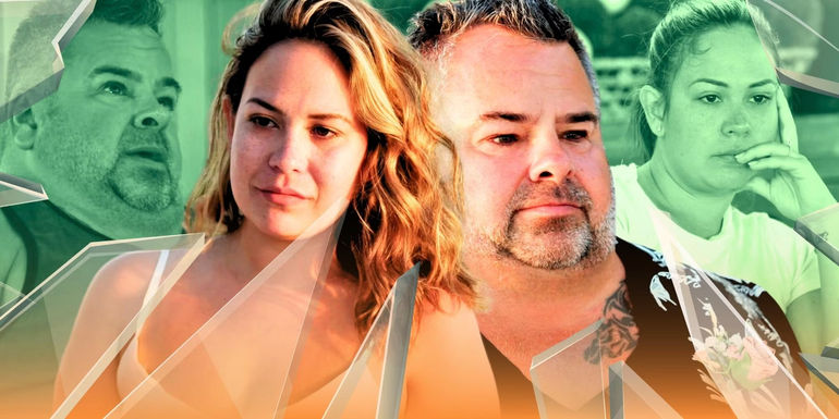 Montage of 90 Day Fiancé's Big Ed and Liz Woods with glass shards