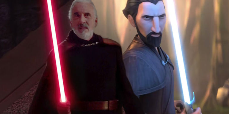 Count Dooku (Christopher Lee) brandishing his red lightsaber in Star Wars: Episode II - Attack of the Clones and Count Dooku (Corey Burton) brandishing his blue lightsaber in Star Wars: Tales of the Jedi..
