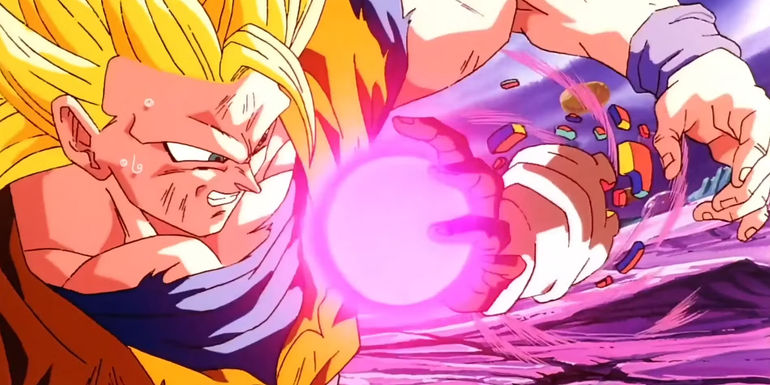 Screenshot from Dragon Ball Z Fusion Reborn movie shows SS3 Goku about to be blast by a pink energy ball being held by Janemba's hand that's appearing out of thin air.