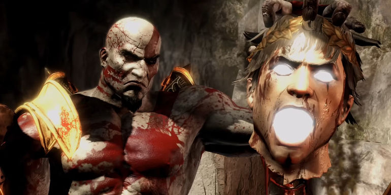 Kratos holding Helios' severed head in God of War 3. Helios' eyes and mouth are bright white, screaming. Kratos is covered in blood.