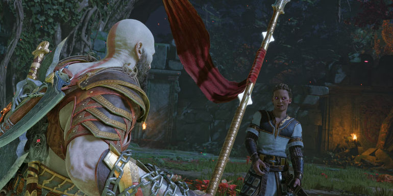 Kratos brandishes a spear in front of Heimdall in a screenshot from God of War Ragnarok.
