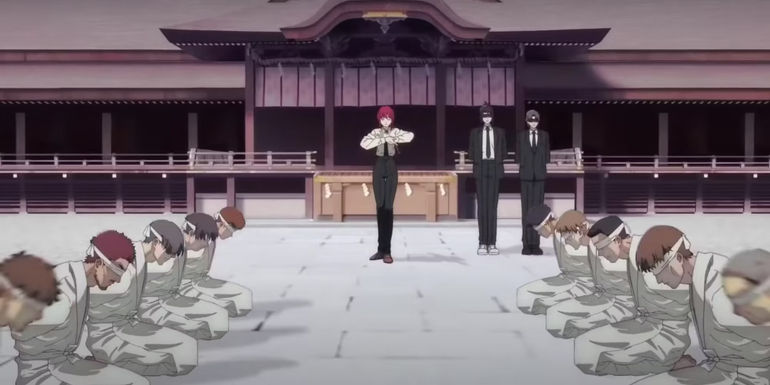 Chainsaw Man screen cap of Makima using her powers for the first time while covering the faces of potential witnesses.