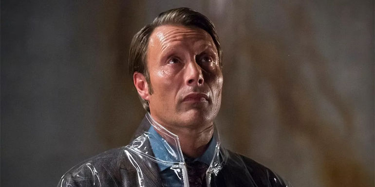 Hannibal Lecter in his plastic suit looking up