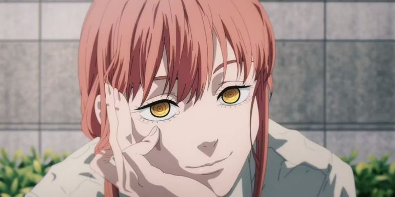 Makima chatting with Denji and Power while resting her face in her chin