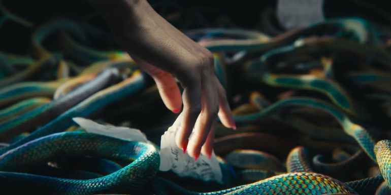 Clemensia's hand in the snake enclosure in Ballad of Songbirds and Snakes