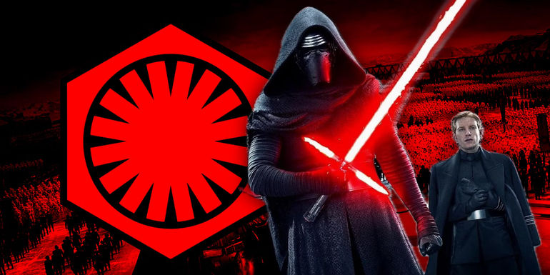 Kylo Ren and General Hux superimposed over the First Order symbol and its army in Star Wars