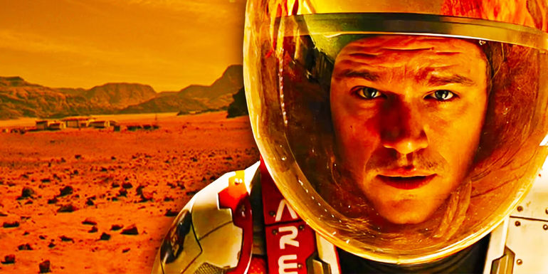 Matt Damon as Mark Watney in astronaut suit on Mars in The Martian