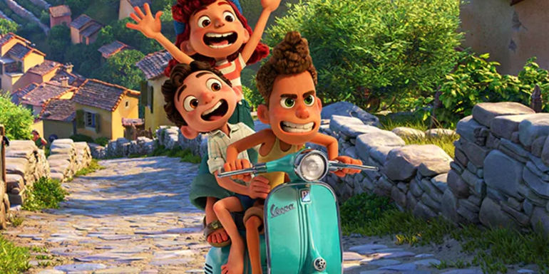 The characters riding a bike in Luca