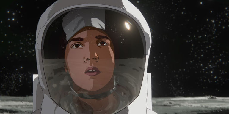 An astroanut on space looking in awe at something off-camera in Apollo 10 1/2: A Space Age Childhood.