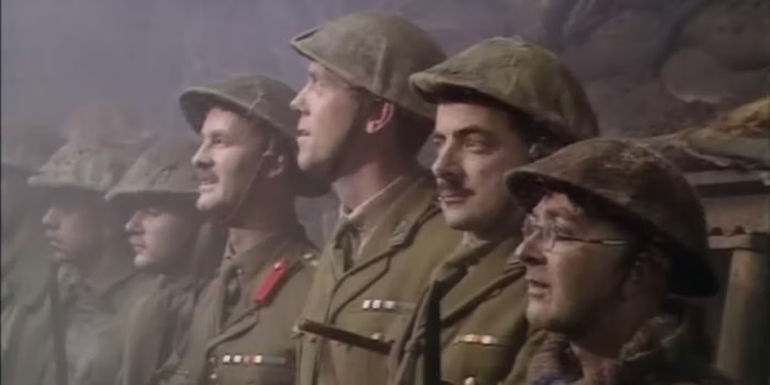 The soldiers in Blackadder line up in the trenches