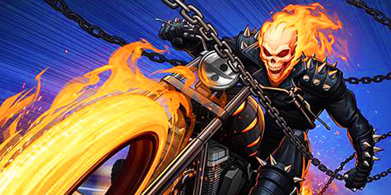 Ghost Rider with his flaming motorcycle in Marvel Comics
