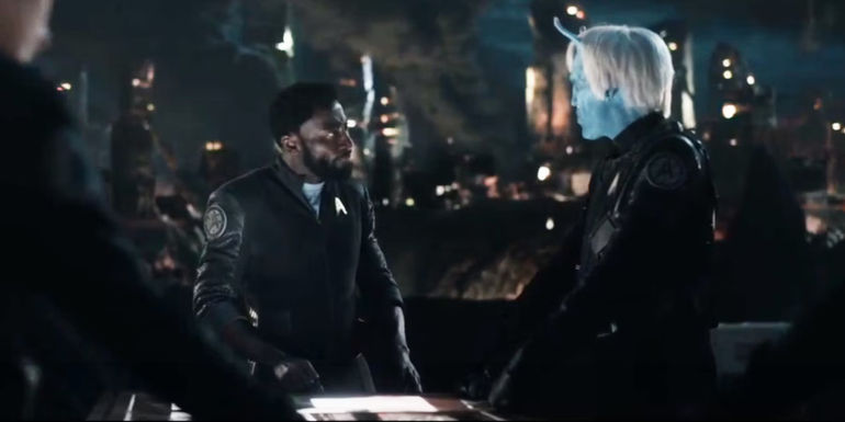 Babs Olusanmokun and Kyle Gatehouse as M'Benga and Va'Al, discuss their mission