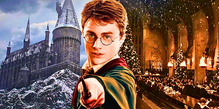 Daniel Radcliffe as Harry Potter pointing his wand at the screen against a blended backdrop of a snowy Hogwarts Castle and the inside of the Great Hall at Christmas