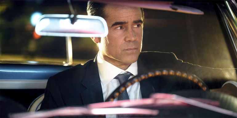 Colin Farrell sitting a car driver's seat and seen through the windshield in Sugar