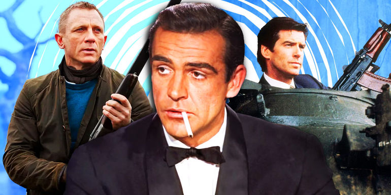 Composite of Daniel Craig, Sean Connery (in tuxedo and smoking), and Pierce Brosnan as James Bond