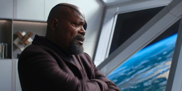 Nick Fury (Samuel L. Jackson) on the SABER space station in The Marvels