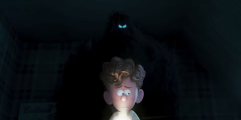 Orion and the Dark young Orion with a flashlight and Dark behind him