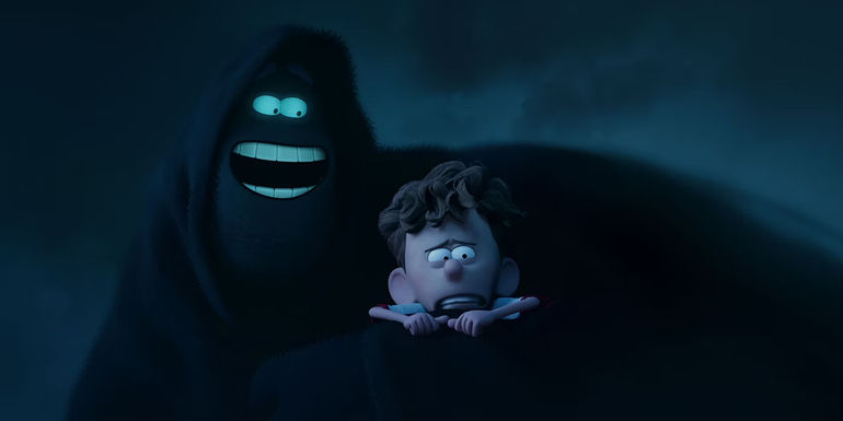 Paul Walter Hauser as Dark flies through the sky with Jacob Tremblay as Orion in Orion and the Dark.