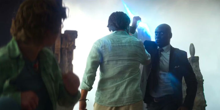 Poseidon stopping Zeus from killing Percy in Percy Jackson and the Olympians episode 8