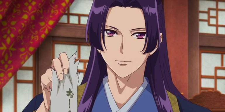 Jinshi holding a torn note with a determined expression in The Apothecary Diaries.