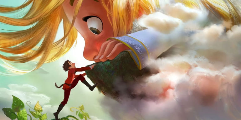 Disney Animation Studios concept art for Gigantic showing a small man being scared by a gigantic girl.