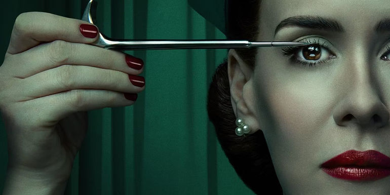 Nurse Mildred Ratched (Sarah Paulson) with an ice pick in promotional art for Ratched on Netflix.