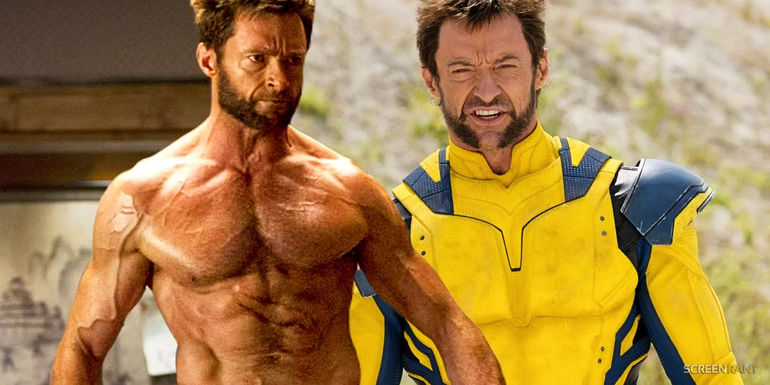 Hugh Jackman shirtless as Wolverine in The Wolverine and wearing the yellow and blue X-Men suit in Deadpool 3