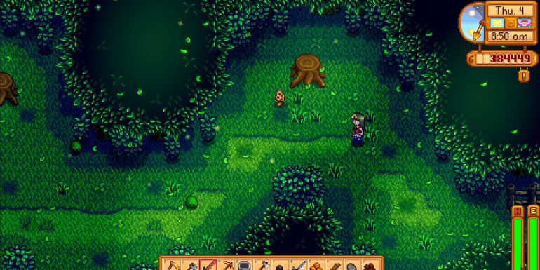 Image of a character finding a Morel in the Secret Woods in Stardew Valley