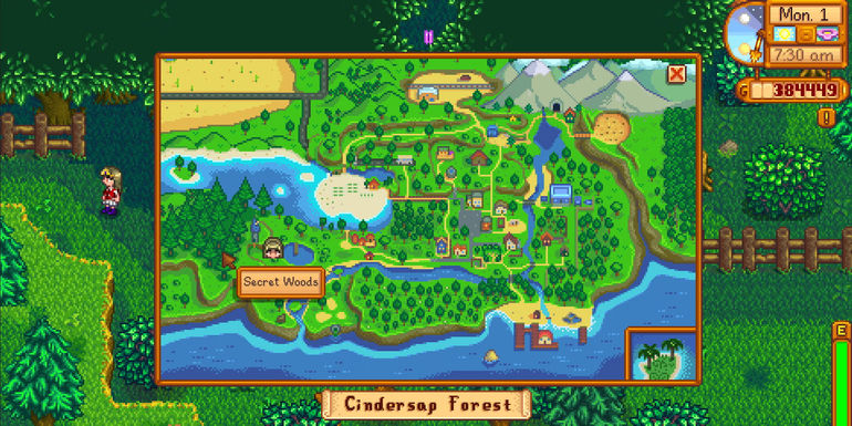 Image of the location on the map of the Secret Woods in Stardew Valley