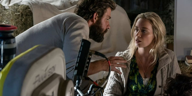 John Krasinski directing Emily Blunt on the set of A Quiet Place.