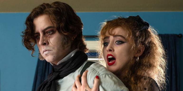 Cole Sprouse as The Creature looking angry and Kathryn Newton as Lisa Swallows looking shocked in Lisa Frankenstein