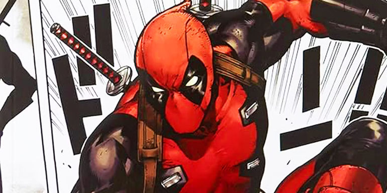Deadpool climbing out of the frame in Marvel Comics