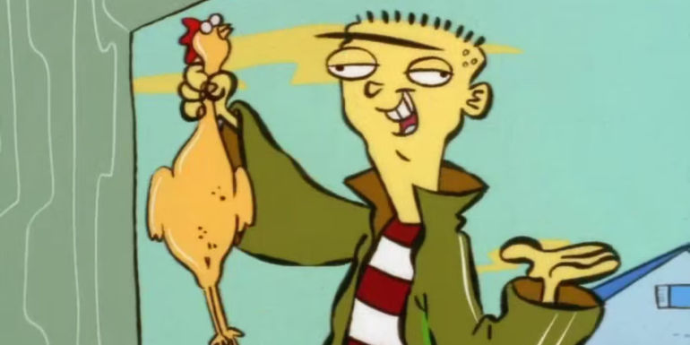 Ed holding up a chicken in Ed, Edd n Eddy
