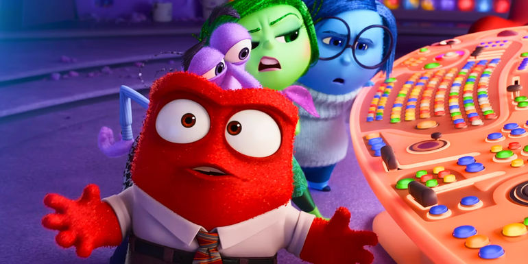 Emotions Anger, Fear, Disgust, and Sadness standing in front of console in Inside Out 2