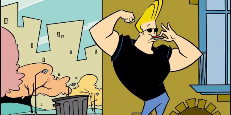Johnny with a bicep flexed, while eating in Johnny Bravo.